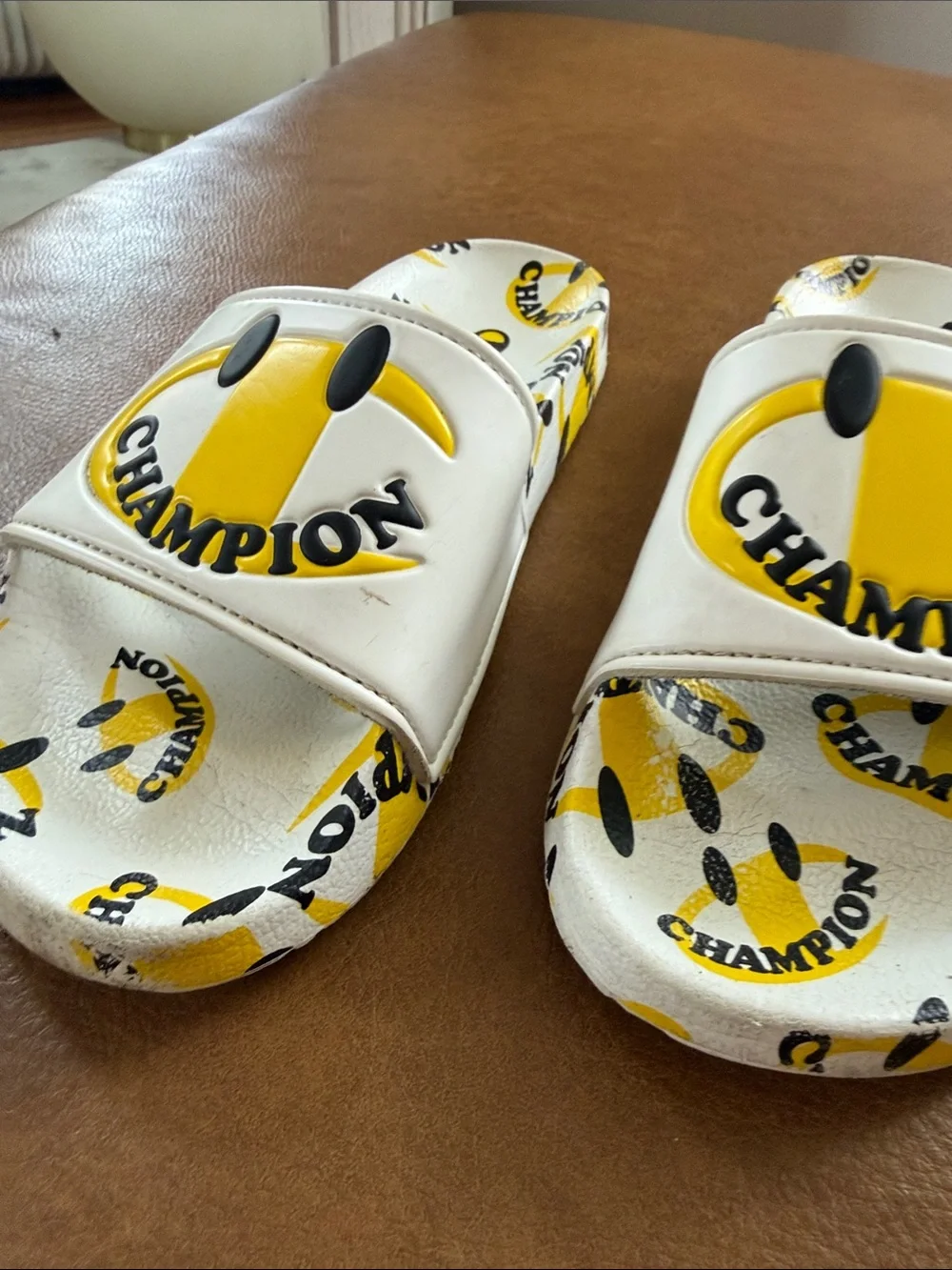Champion White & Yellow Logo Slide Sandals for Kids